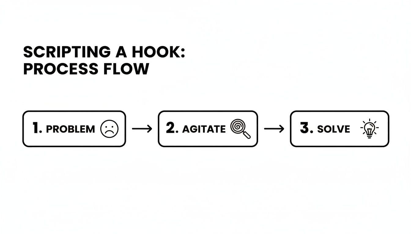 A three-step process flow illustrating how to script a hook: Problem, Agitate, Solve.