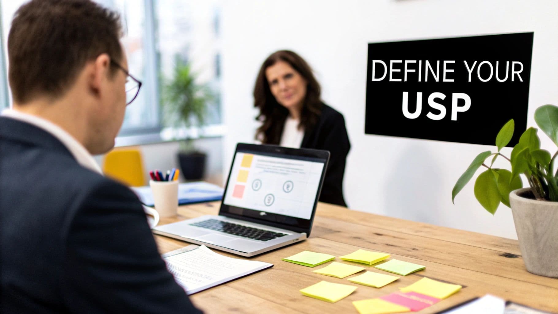 Two business professionals discussing strategy in an office, with a sign reading 'DEFINE YOUR USP'.