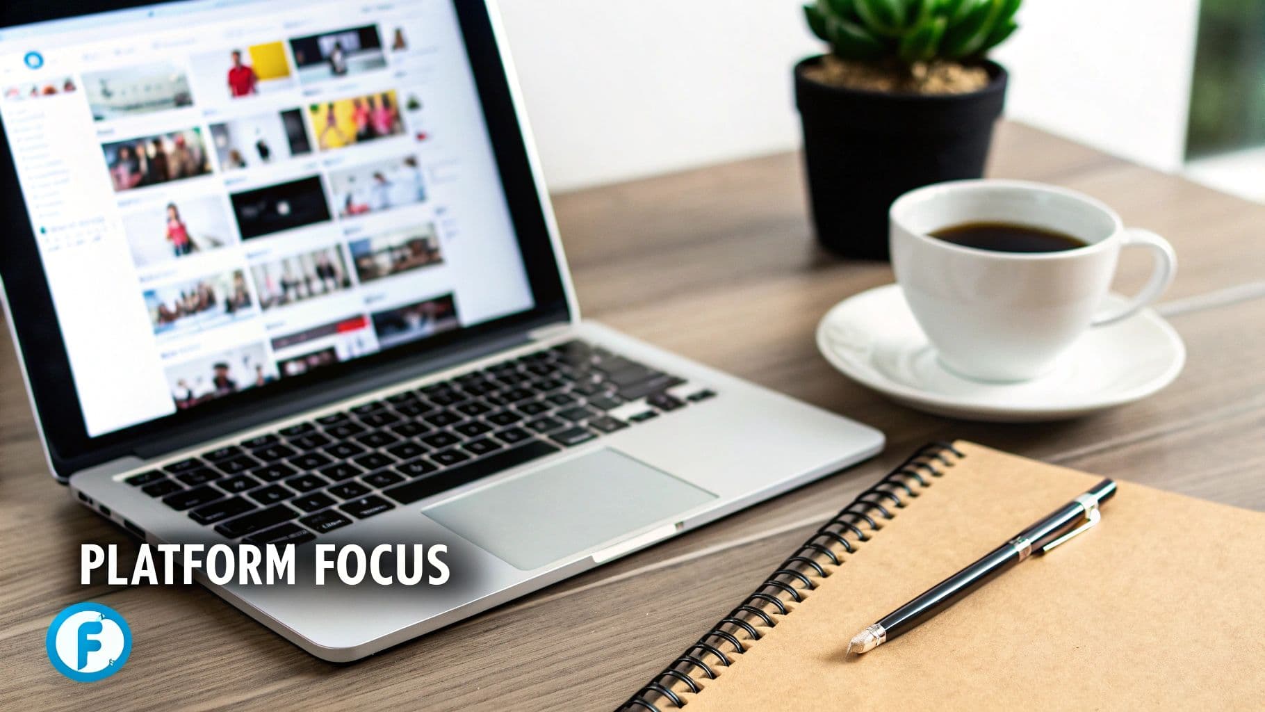 Laptop displaying a social media platform, coffee, notebook, and pen on a wooden desk.