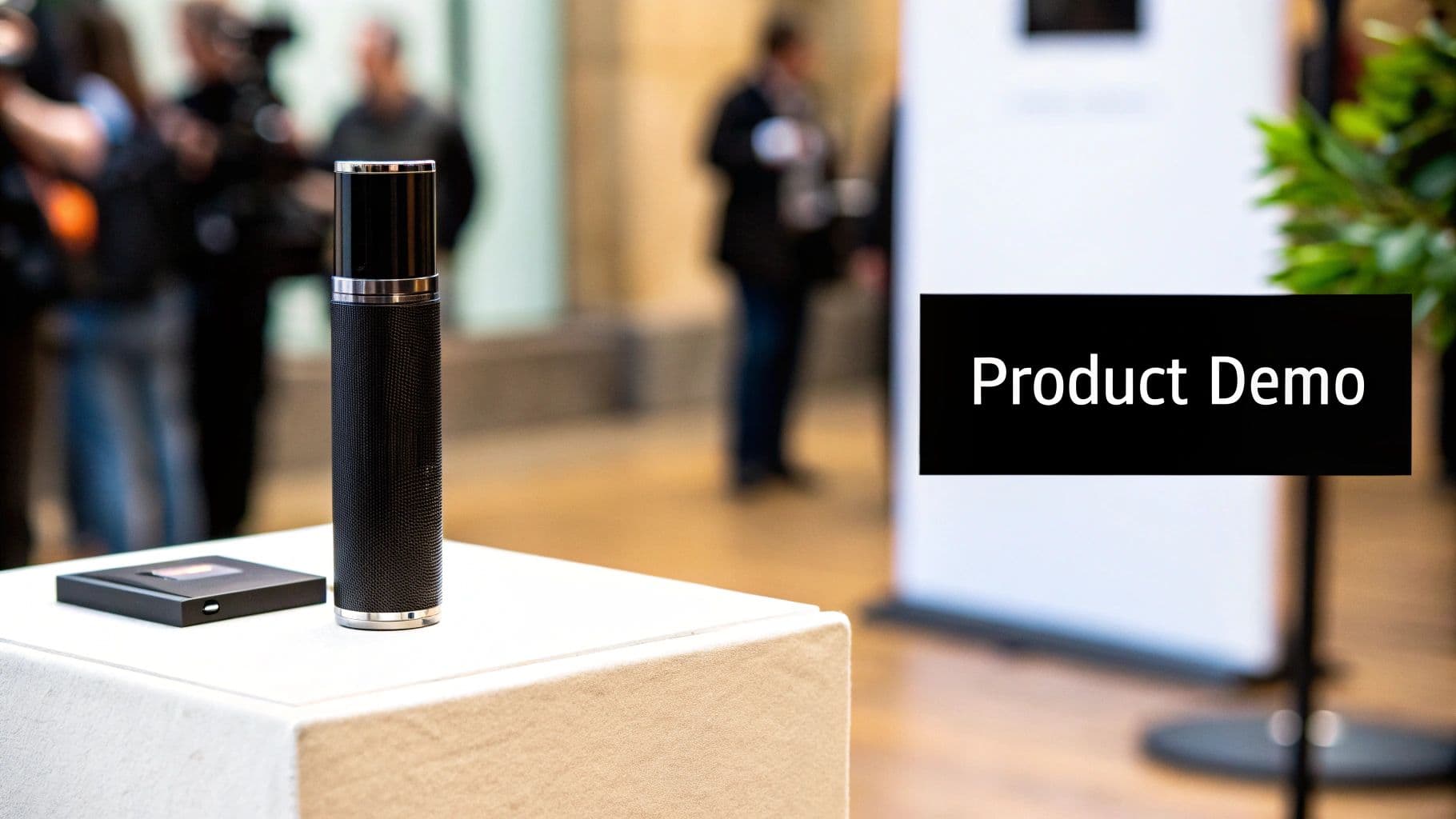 A black cylindrical product and a smaller black box on a white stand at a product demo event.