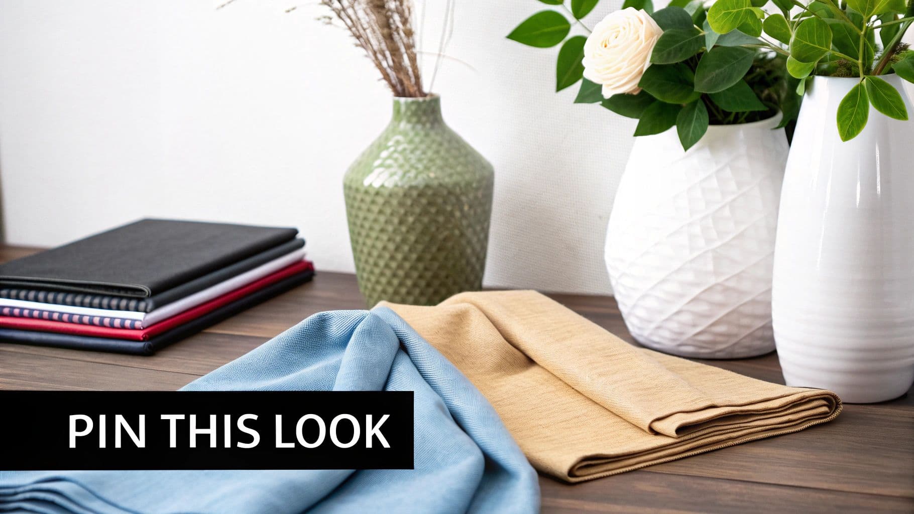 A stylish arrangement of notebooks, vases with flowers and dried plants, and folded fabrics on a wooden table.