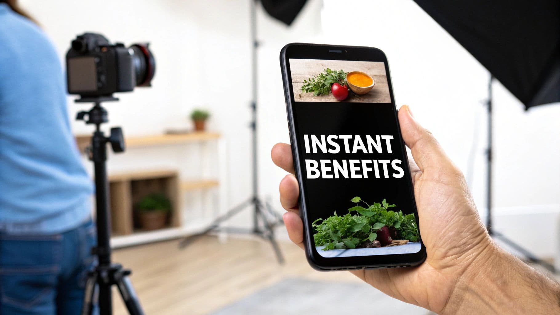 Hand holding a smartphone displaying 'Instant Benefits' and healthy food, in a photo studio with a camera.