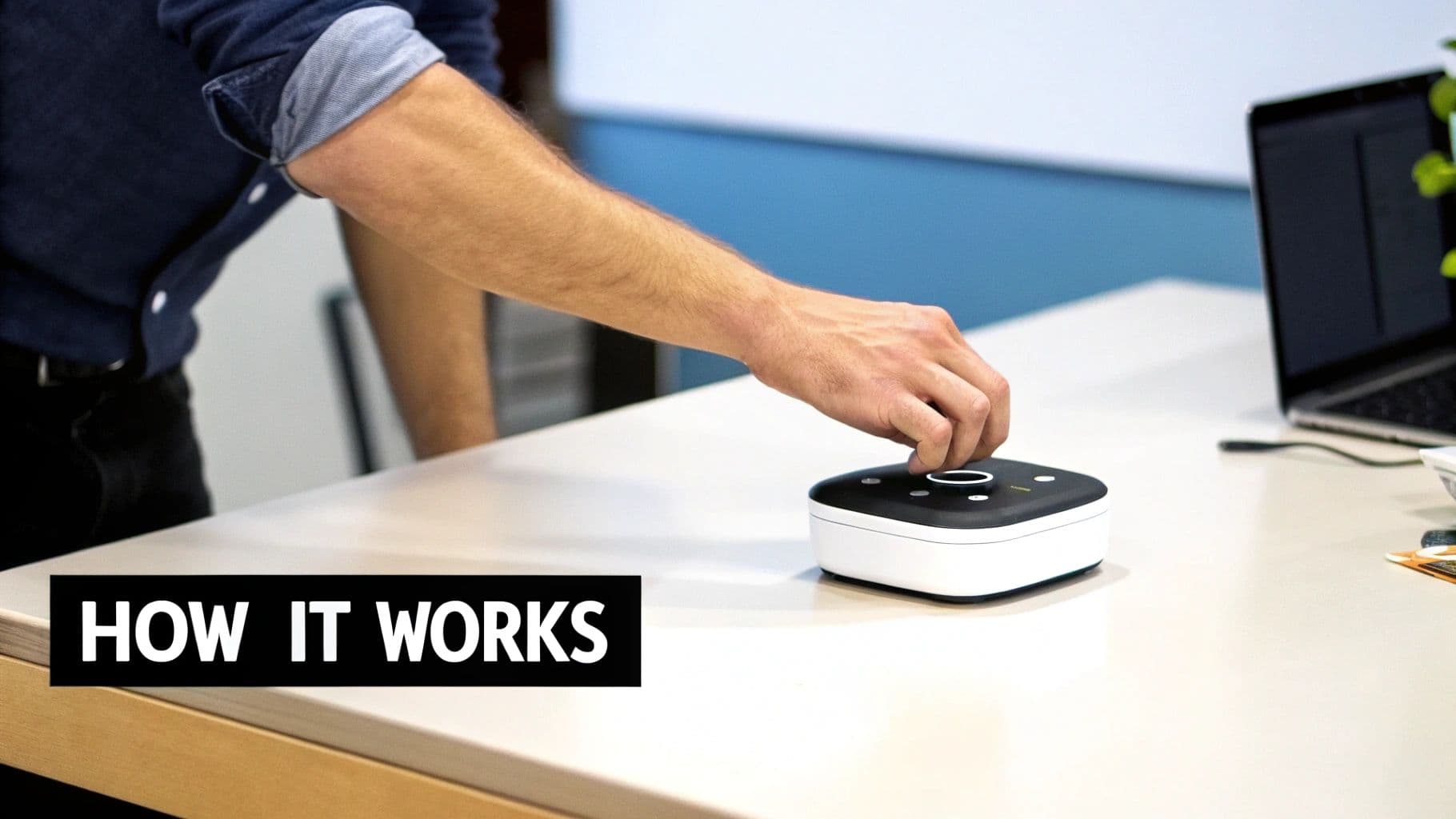 A person's hand operates a white and black control device on a modern office desk with a laptop nearby.