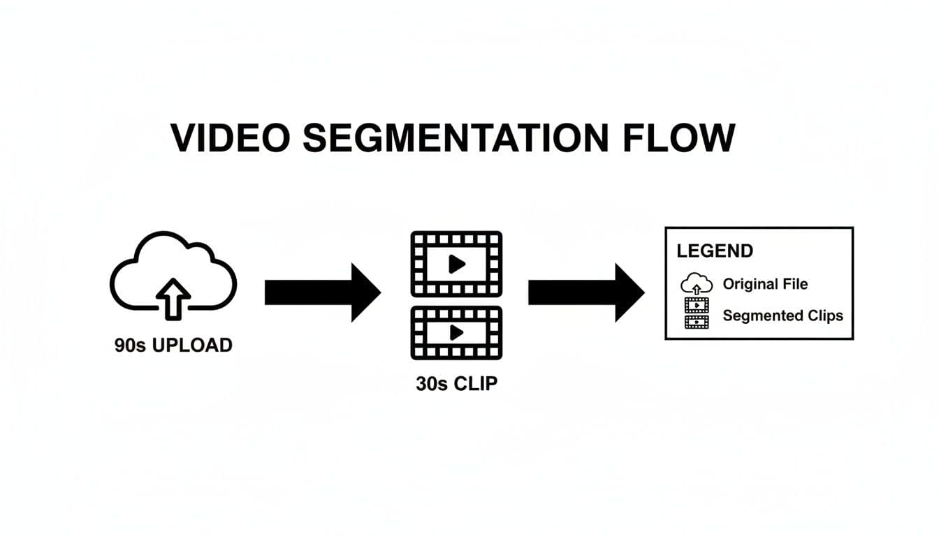 Flowchart for video segmentation, an original 90-second upload transforms into 30-second segmented clips.