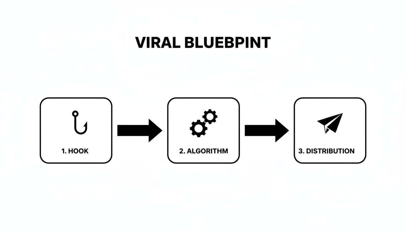 A flowchart illustrating the steps of a viral blueprint: Hook, Algorithm, and Distribution.