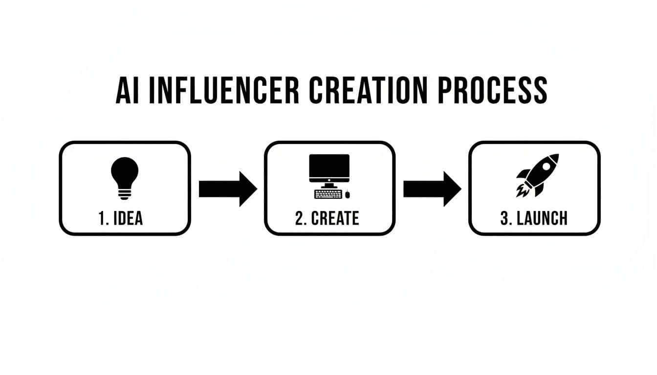 Diagram showing the AI influencer creation process: Idea (lightbulb), Create (computer), and Launch (rocket).