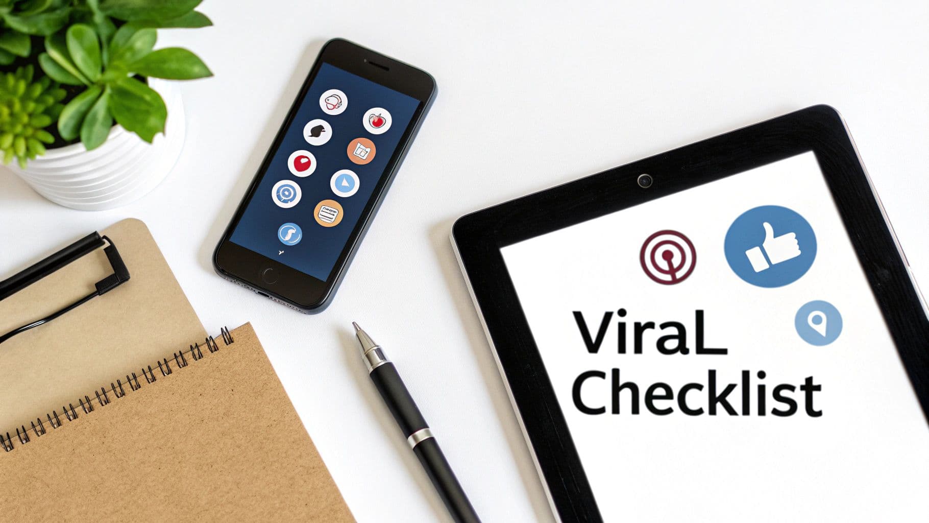 A top-down view of a desk with a tablet displaying 'Viral Checklist', a smartphone, and office supplies.