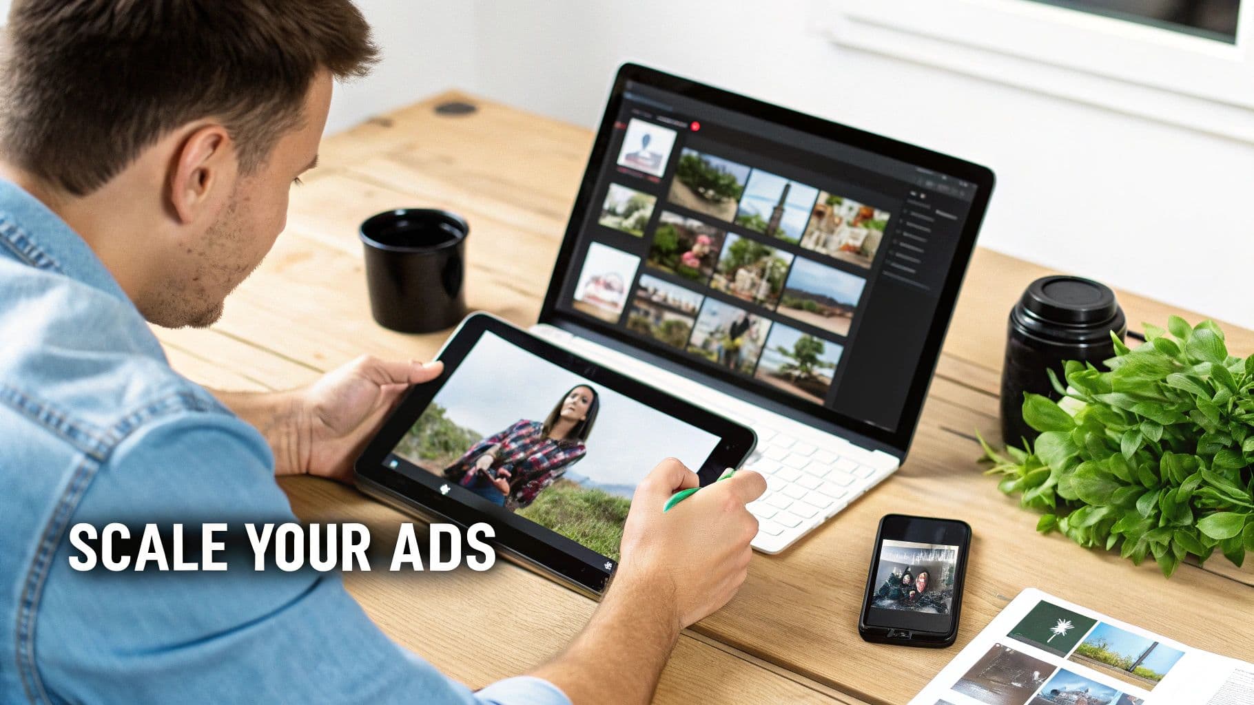 A person works on a tablet and laptop, managing images for scaling ads, on a wooden desk.