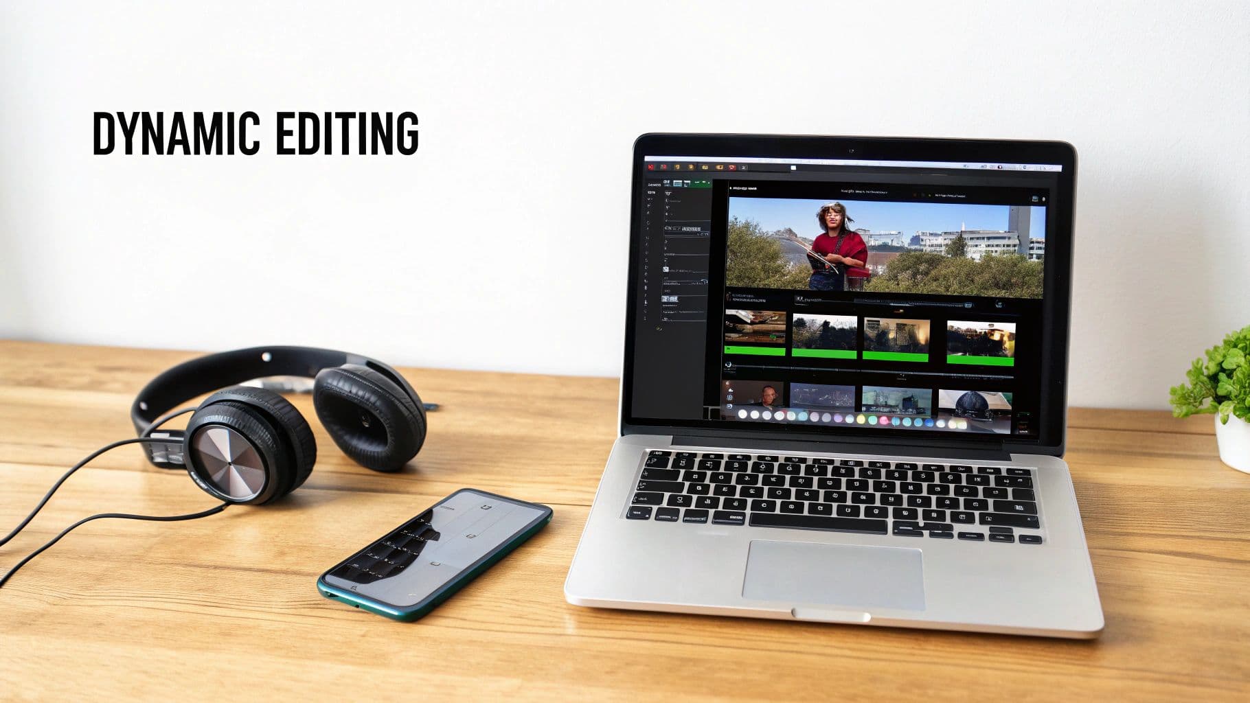 Workspace with a laptop showing video editing software, headphones, and a smartphone on a wooden desk.