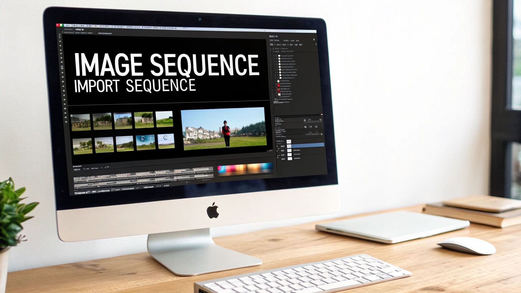 An Apple iMac displaying video editing software with 'IMAGE SEQUENCE' on screen, a keyboard, mouse, and laptop on a wooden desk.