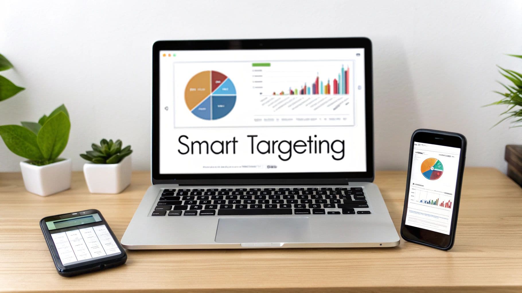 Laptop displaying 'Smart Targeting' with data charts, alongside a smartphone and calculator on a wooden desk.