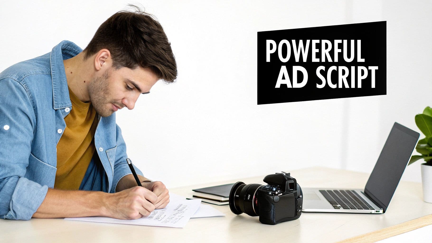 A young man intently writes a powerful ad script at his desk with a camera and laptop.