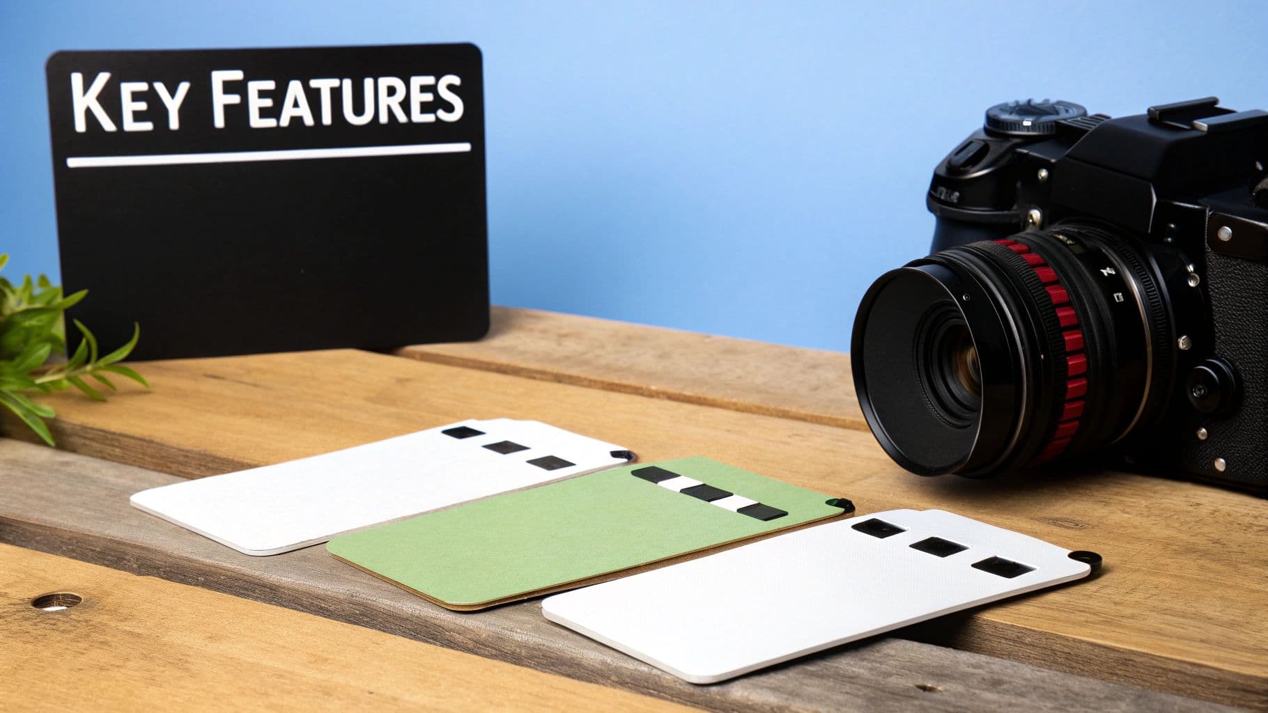 A black sign with 'KEY FEATURES' next to a camera and three product cards on a wooden surface.