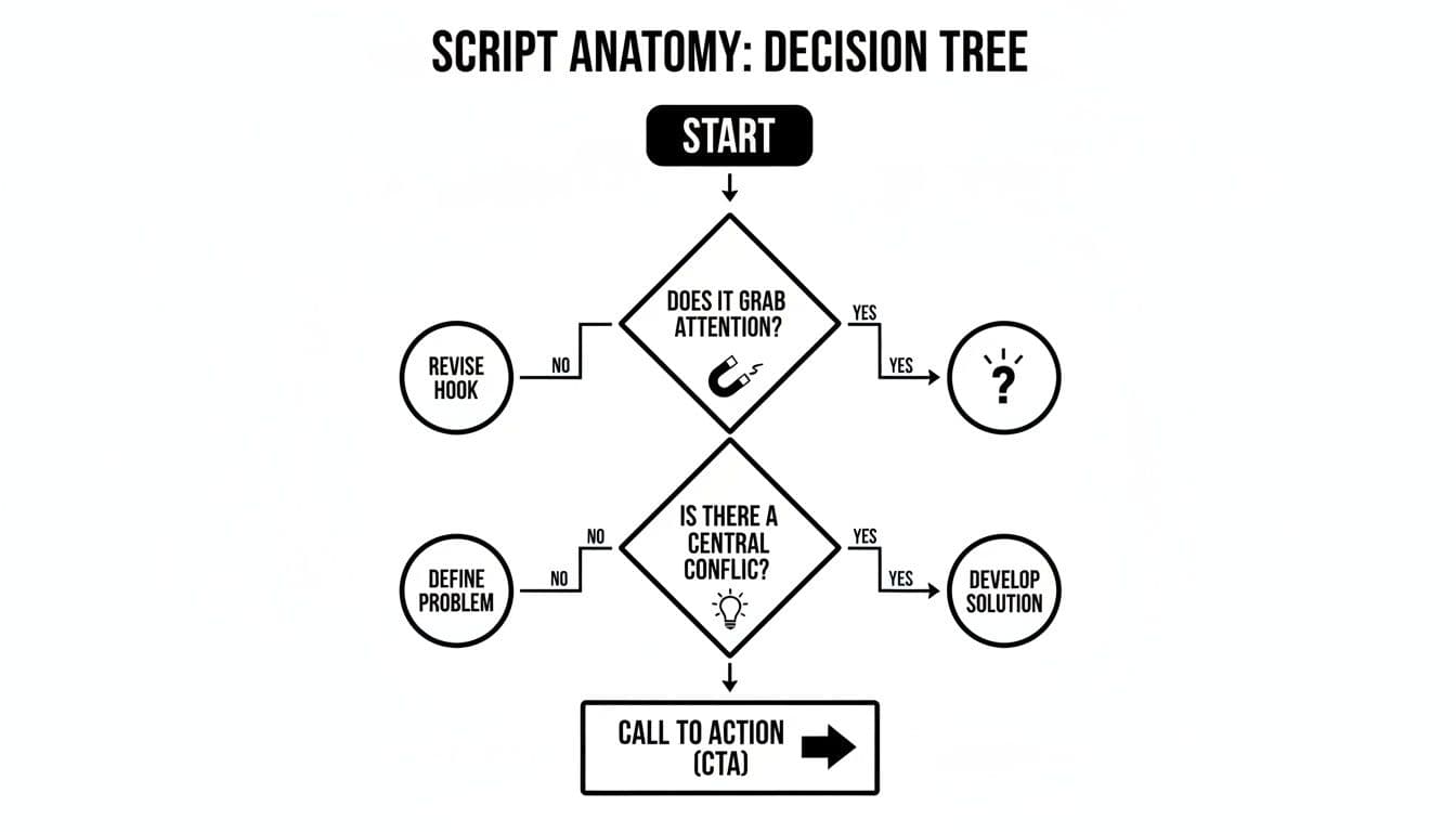 A decision tree flowchart titled 'Script Anatomy' illustrating steps from starting a script to a call to action.