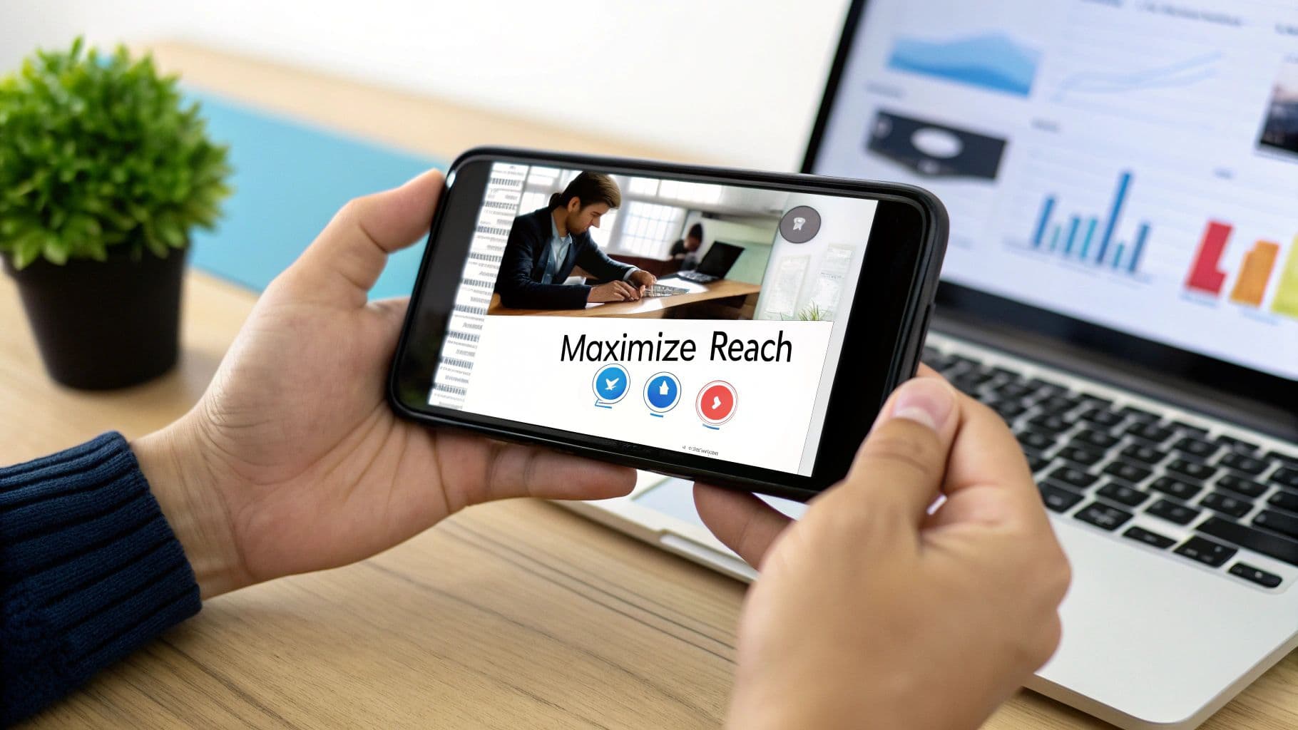 Hands hold a smartphone displaying a 'Maximize Reach' video, with a laptop showing analytics in the background.