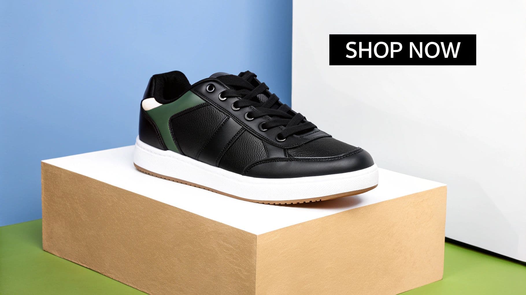 Black and green sneaker with white sole displayed on a product block, with a 'SHOP NOW' banner.