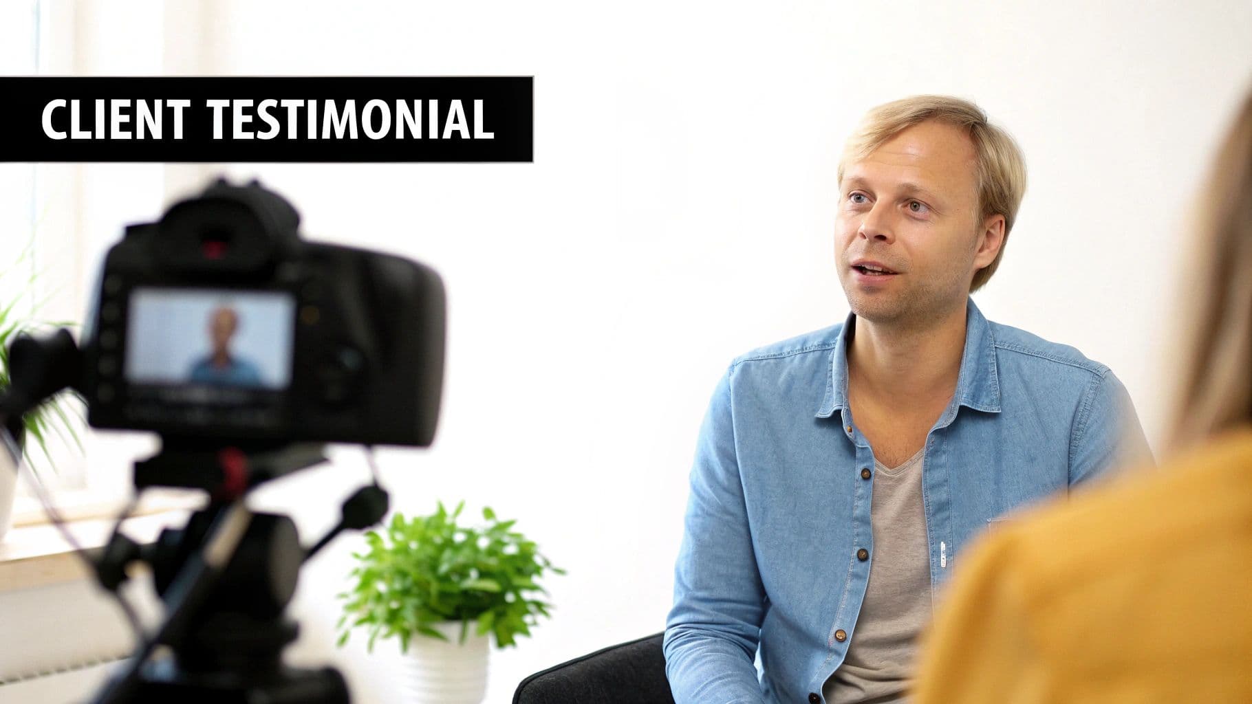 Man in a blue shirt giving a client testimonial, filmed by a camera on a tripod.