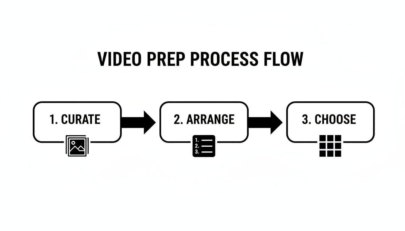 Flowchart illustrating a video preparation process with three steps: Curate, Arrange, and Choose, each with an icon.