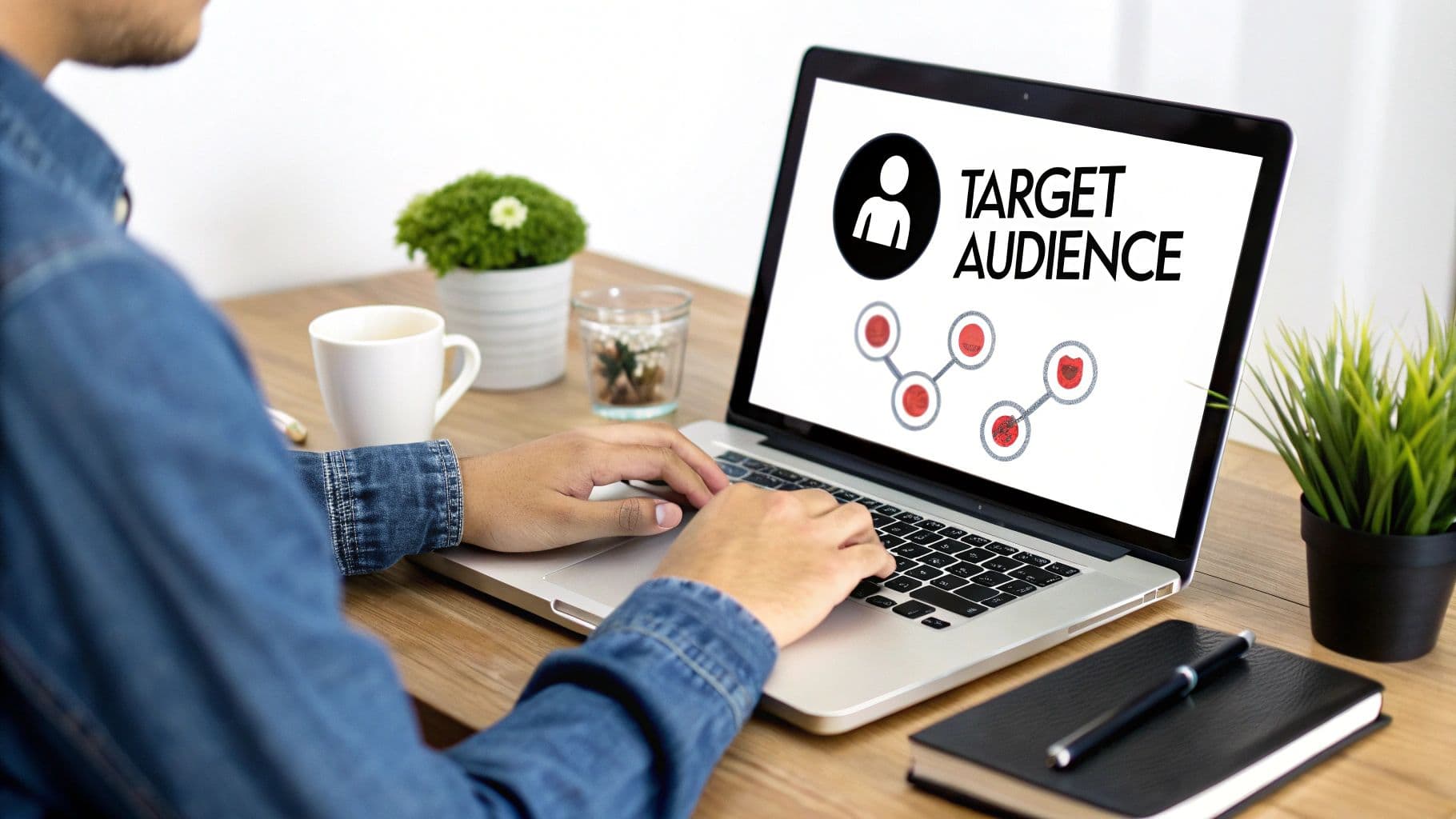 Man typing on a laptop displaying a 'Target Audience' graphic with a network icon.