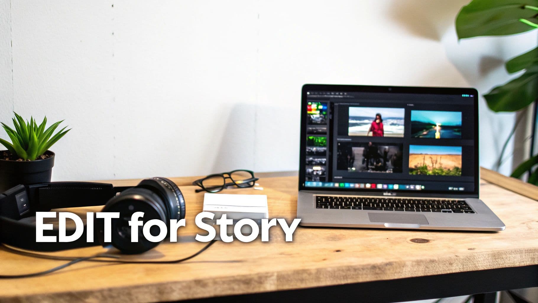A laptop displaying video editing software with various clips, headphones, glasses, and a plant on a wooden desk. Text reads 'EDIT for Story'.