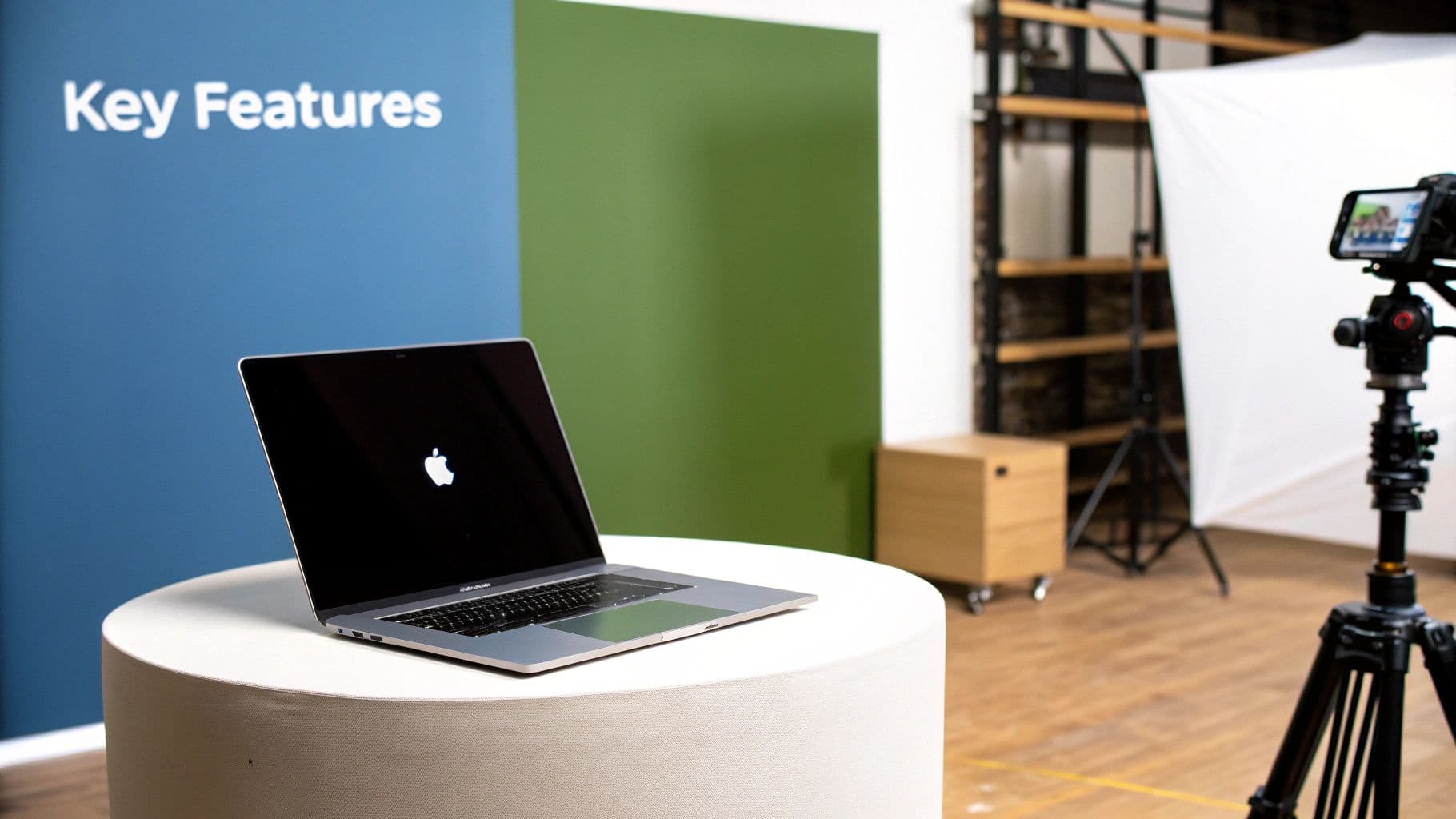 A MacBook Pro with the Apple logo on its screen sits on a white table in a studio setup with “Key Features” on a blue background and a camera on a tripod.