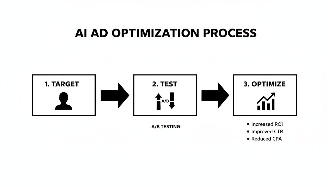 A diagram illustrates the AI ad optimization process: Target, Test (A/B testing), and Optimize for improved ROI.