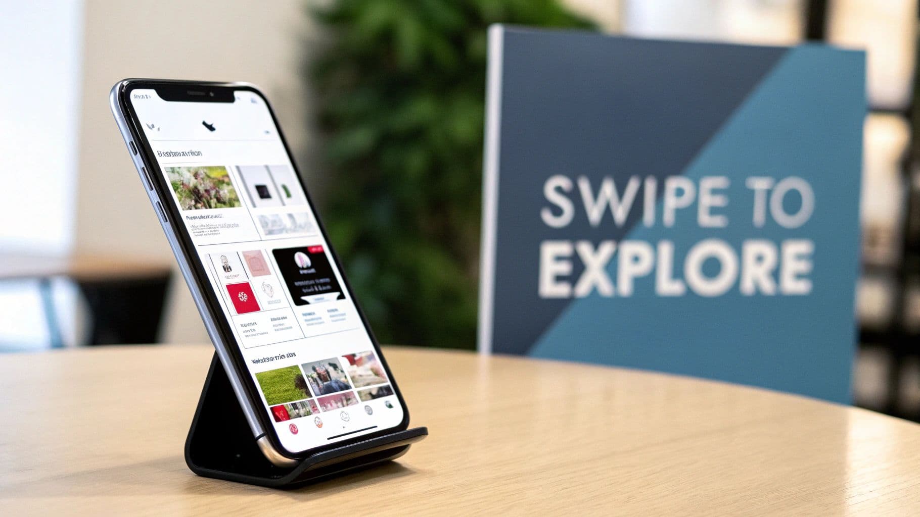 An iPhone displaying a social media app on a black stand, next to a 'Swipe to Explore' sign.
