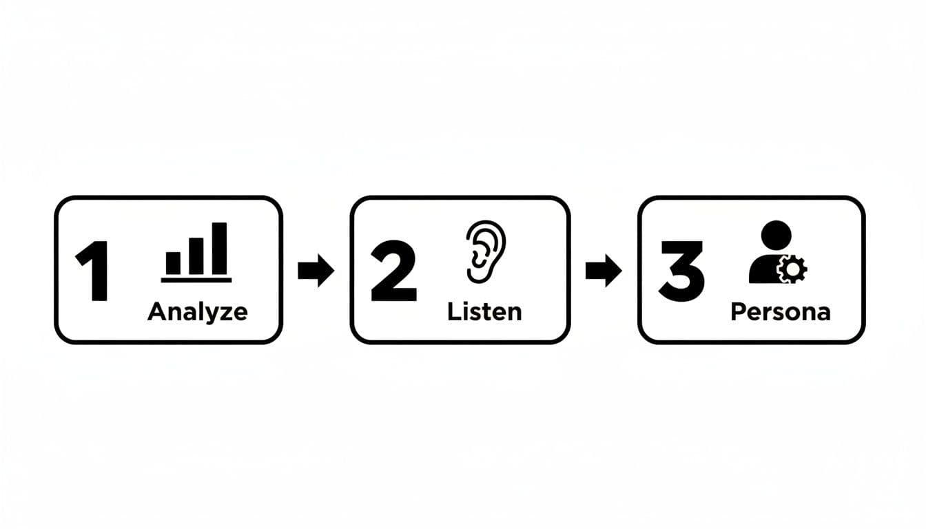 Diagram illustrating a three-step process: Analyze, Listen, and Persona, with corresponding icons.