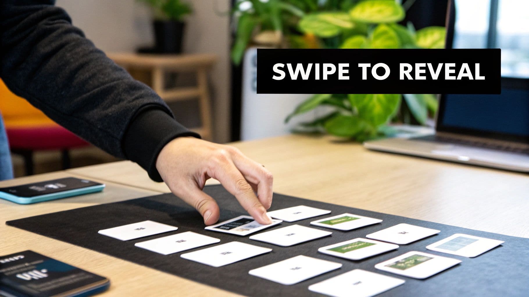 A person's hand interacts with white cards on a black mat, with phones and a laptop.