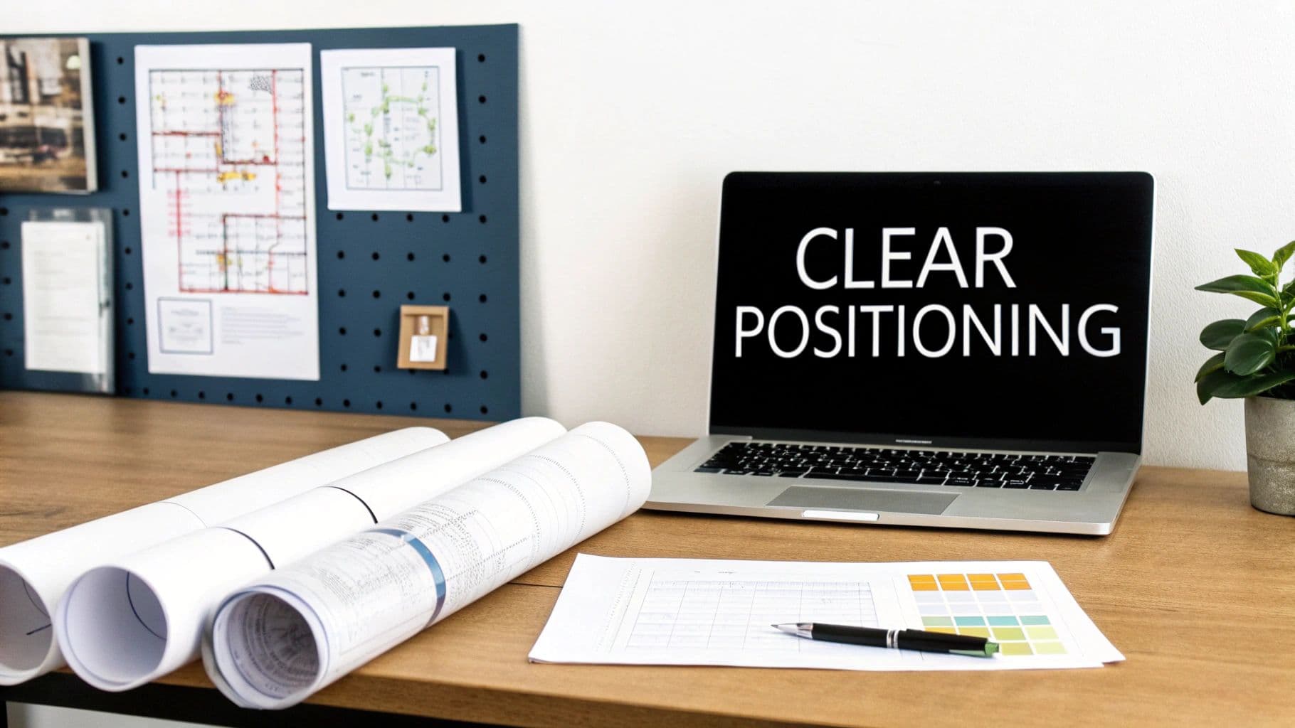 A neatly organized office desk featuring architectural plans, a laptop showing 'CLEAR POSITIONING', and a pegboard.