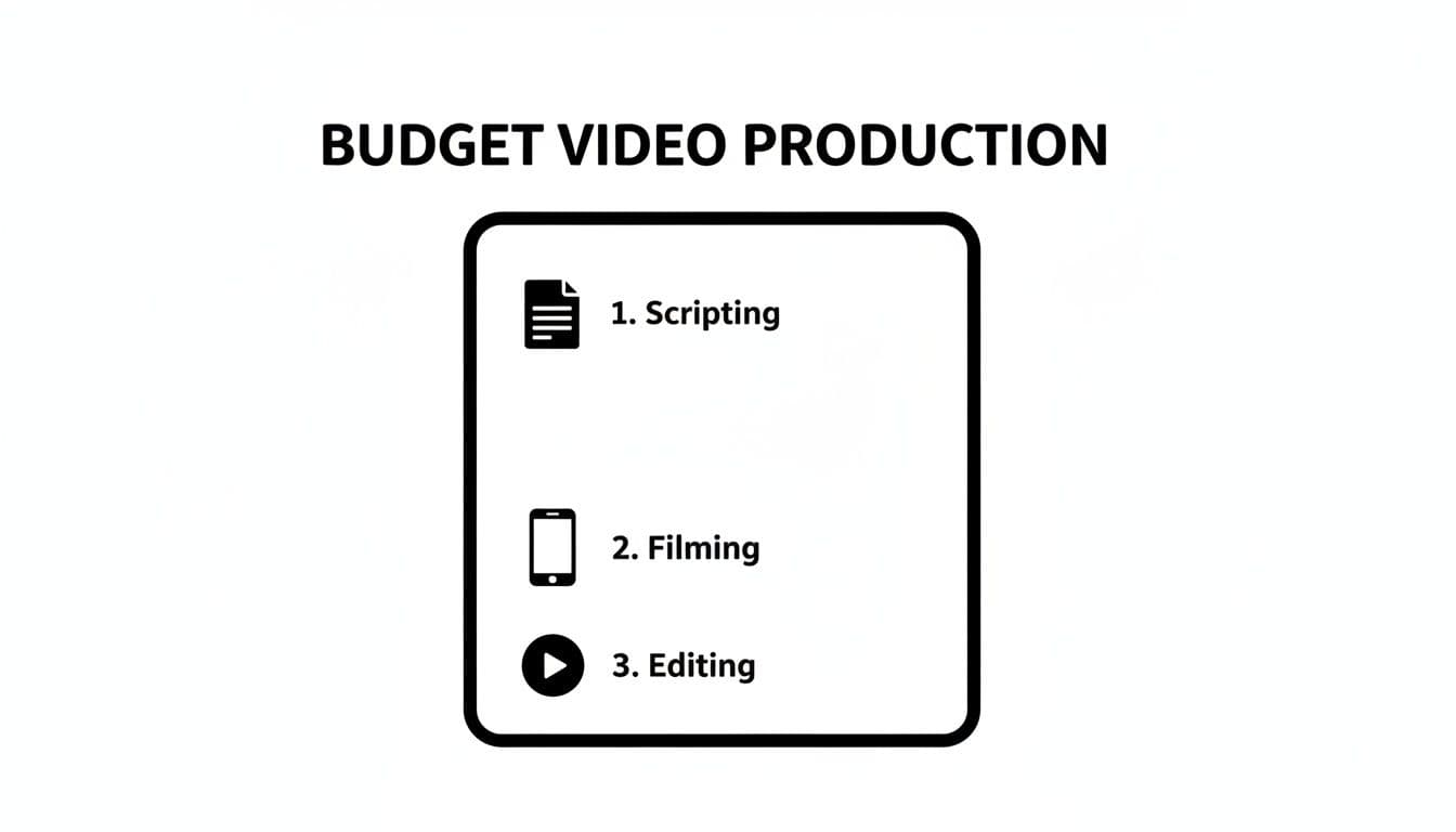 A diagram outlining three steps for budget video production: scripting, filming, and editing process.