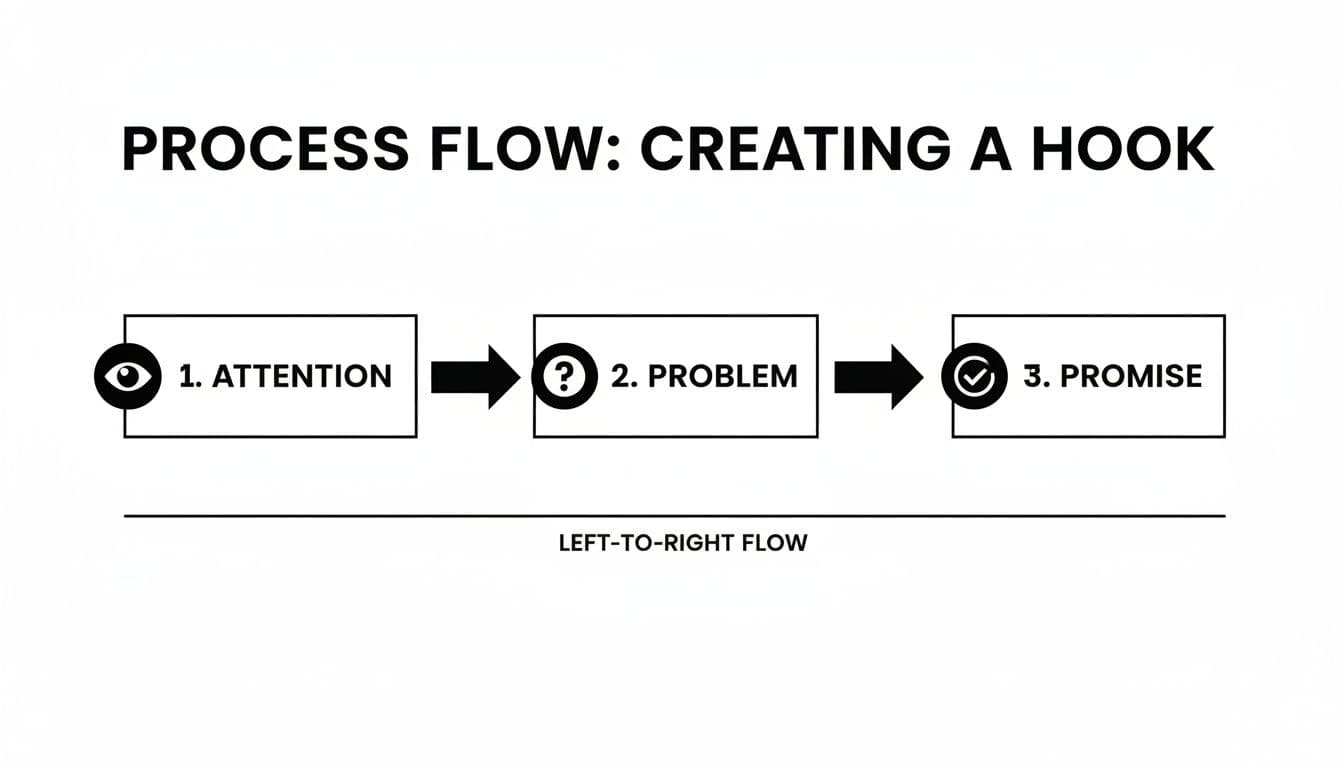 A black and white diagram showing a left-to-right process flow for creating a hook, with steps: Attention, Problem, and Promise.