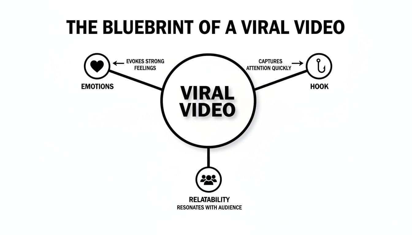 A diagram explaining the blueprint of a viral video, emphasizing emotions, hook, and relatability as key factors.