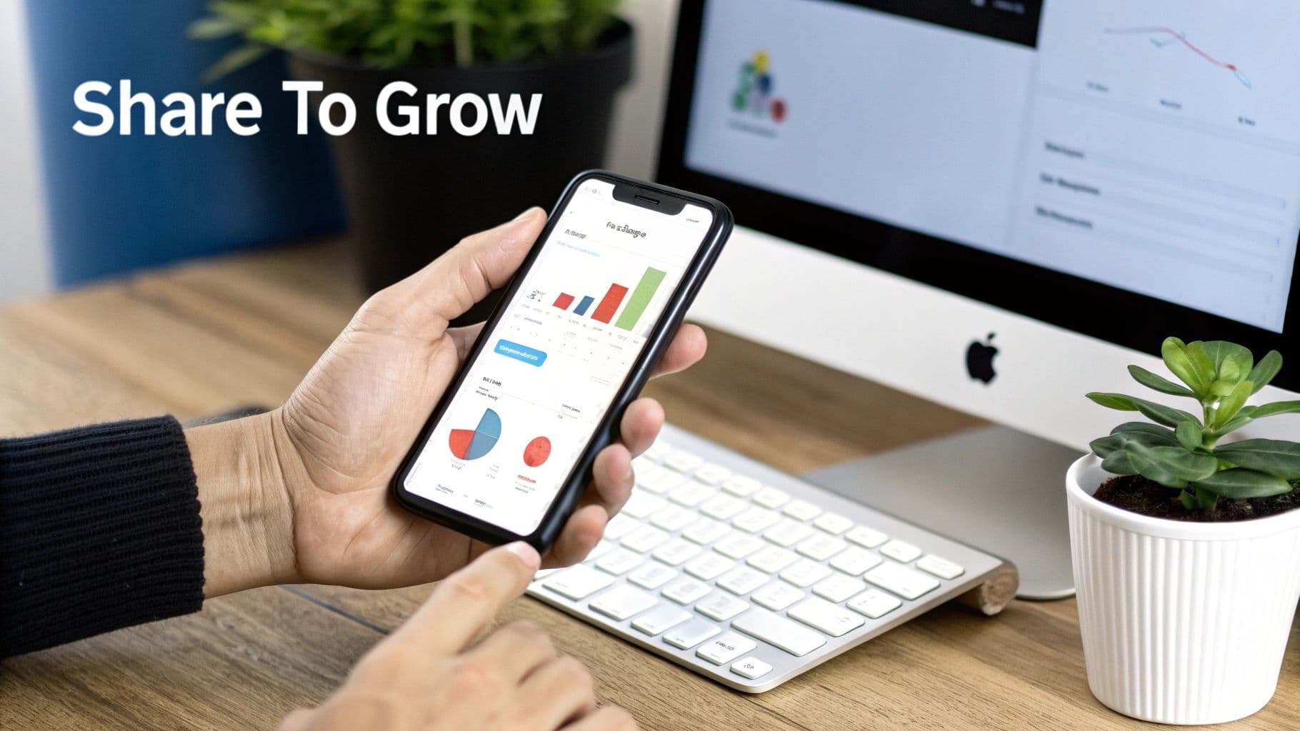 Person holds a smartphone showing business analytics and charts, with a desktop computer and plants.