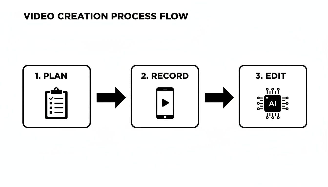 A video creation process flow diagram illustrating three key steps: plan, record, and edit with AI.