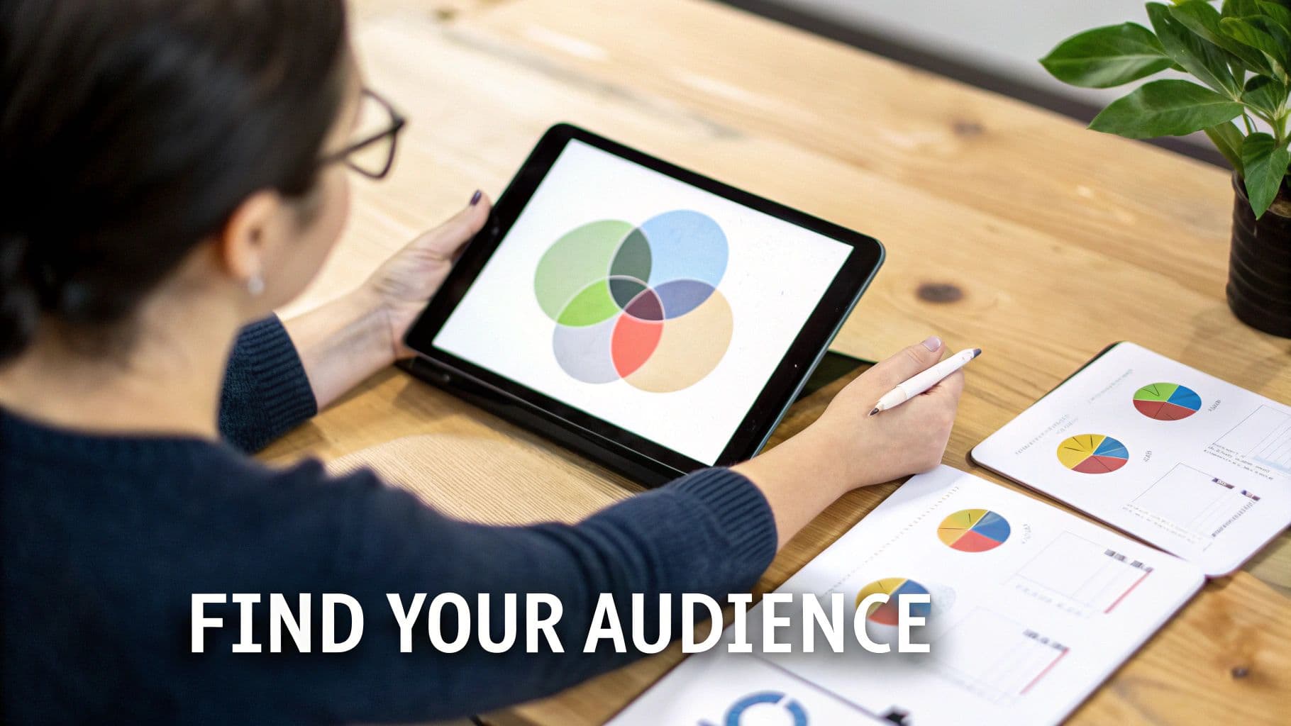 A person analyzing a Venn diagram on a tablet, with business charts on a wooden desk, focused on finding an audience.