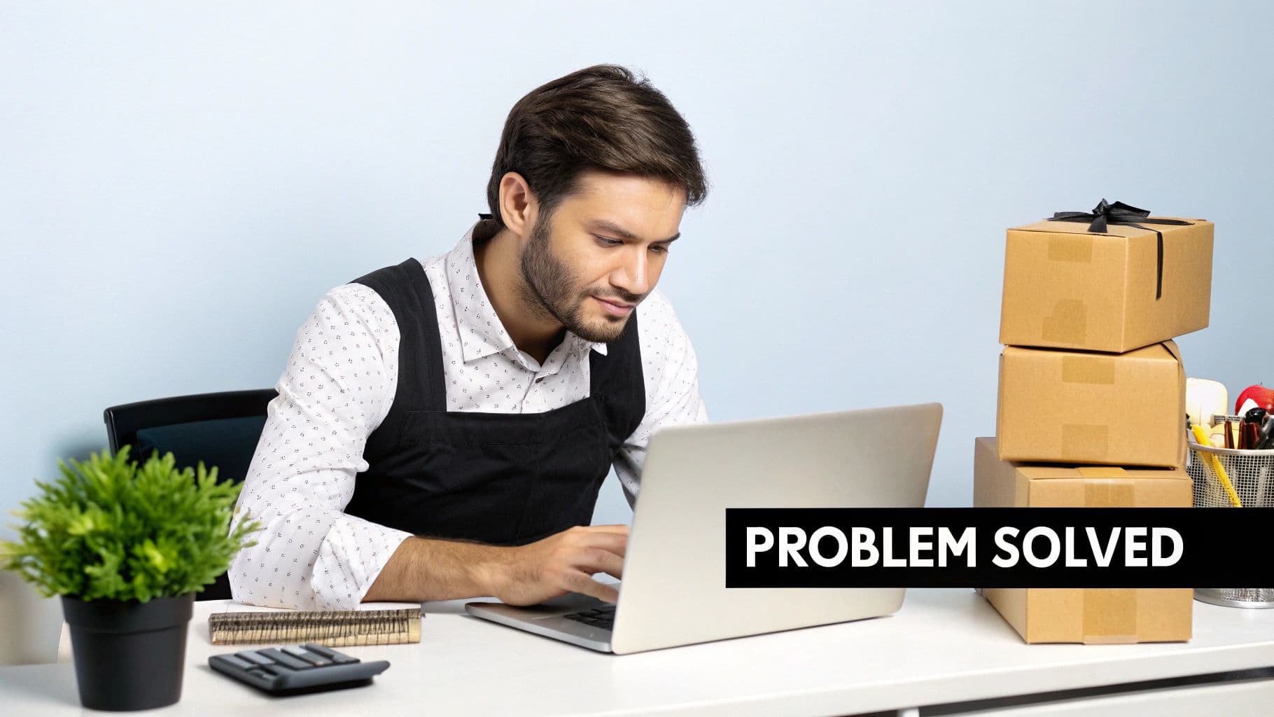 A man in an apron works on a laptop at a desk with stacked boxes, text 'PROBLEM SOLVED'.