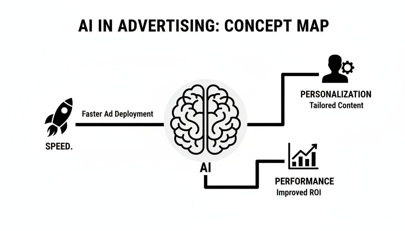 Concept map illustrating AI in advertising, showing its benefits: speed, personalization, and improved performance.