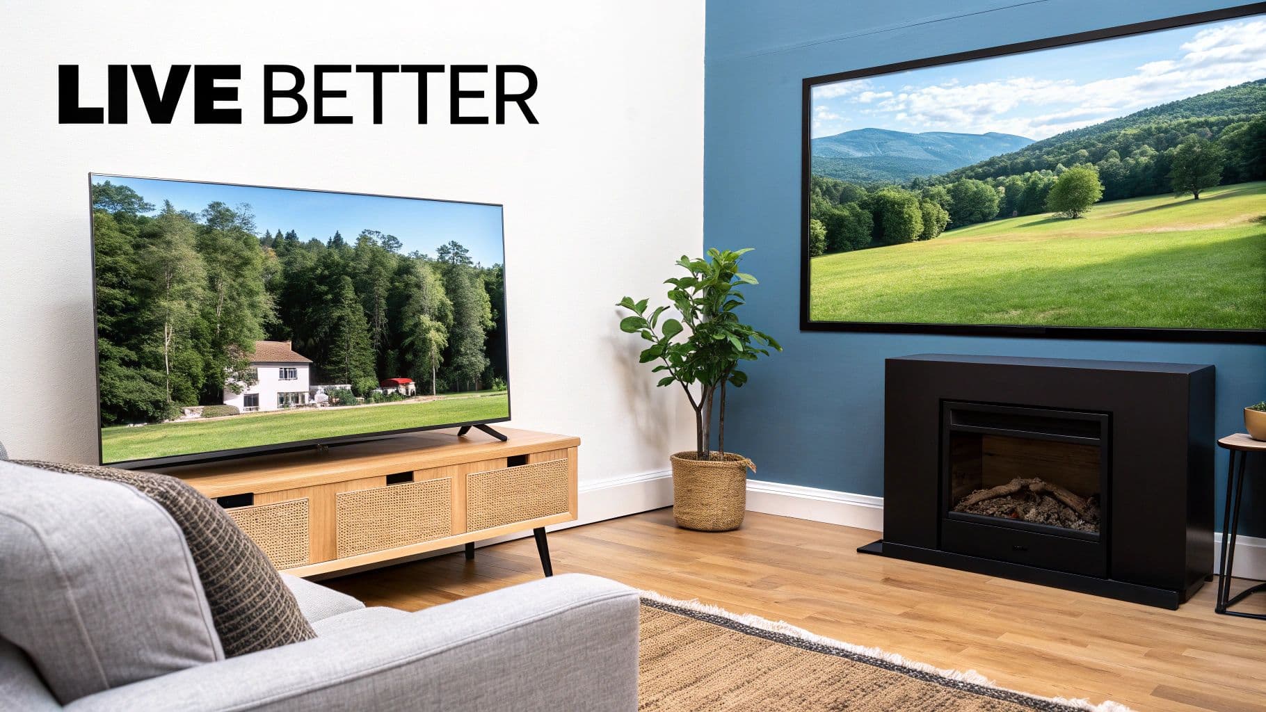 A modern living room with a large TV on a console, a scenic wall display, and a fireplace.