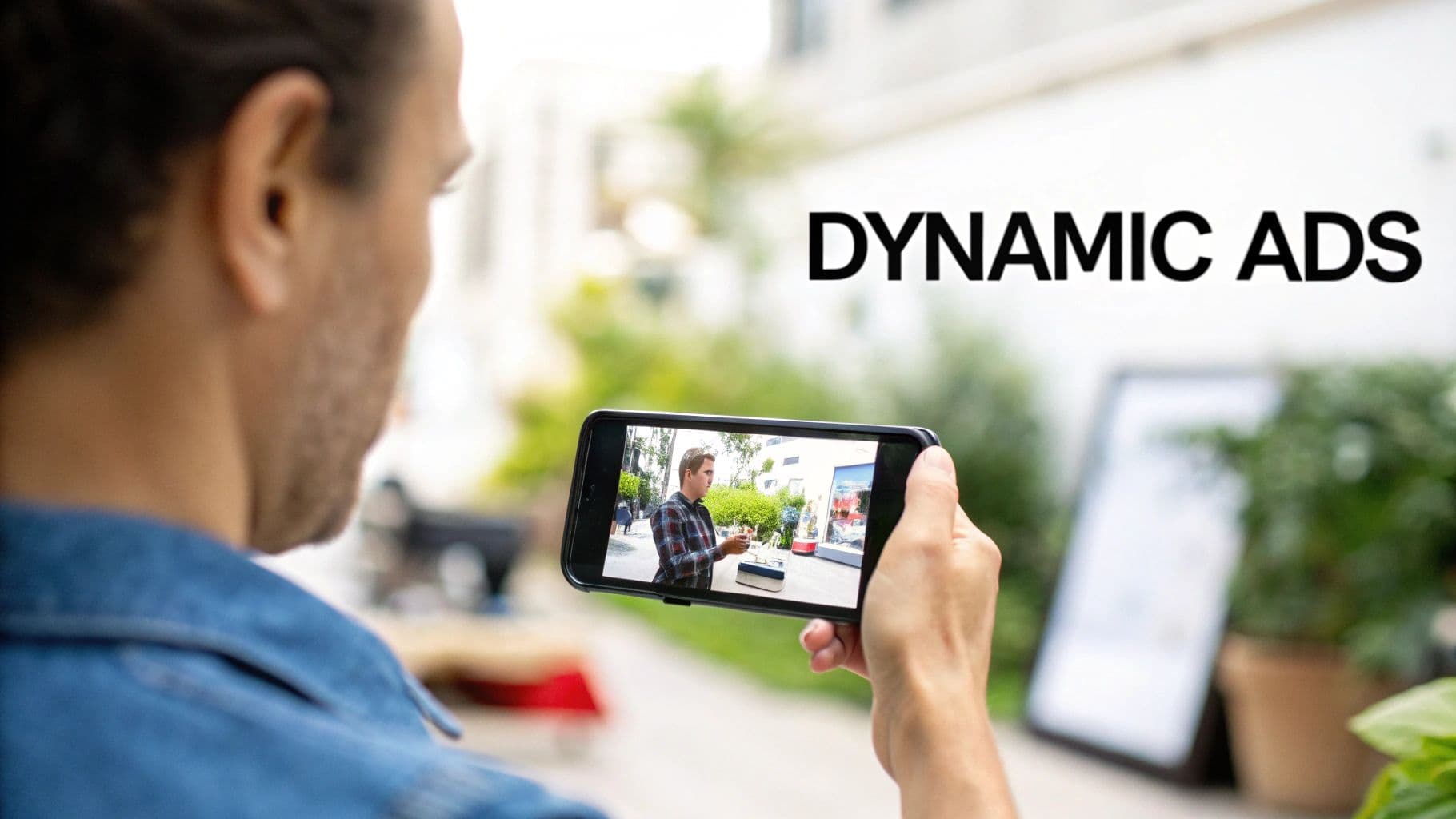 A person views a dynamic ad video on a smartphone in an outdoor setting.