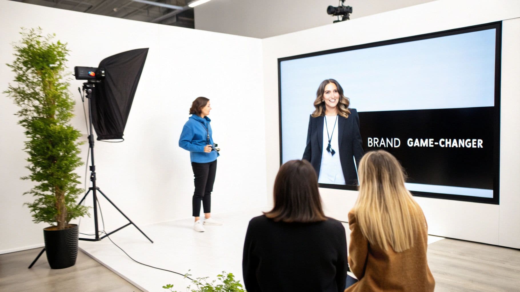 People in a bright studio watching a virtual presentation on a large screen, featuring a woman and text.