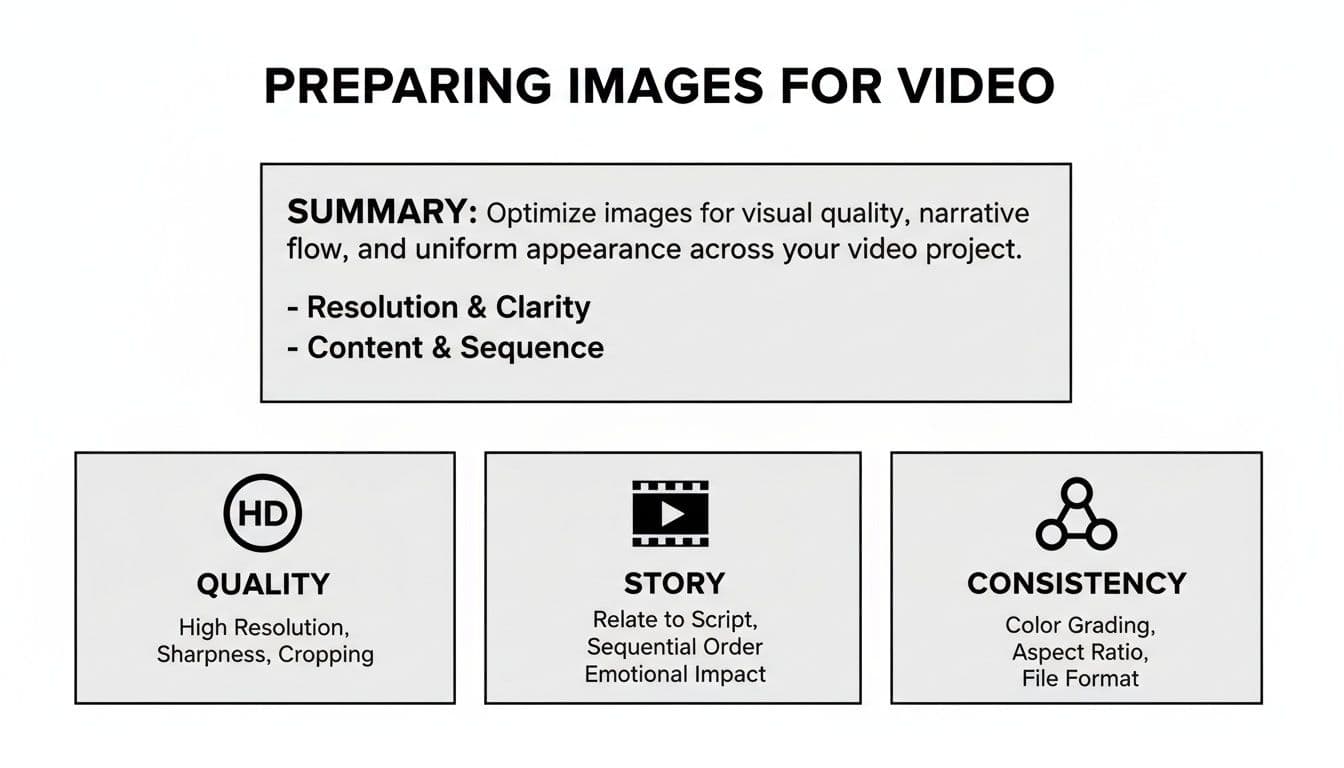 Diagram outlining key steps for preparing images for video, covering quality, story, and consistency.