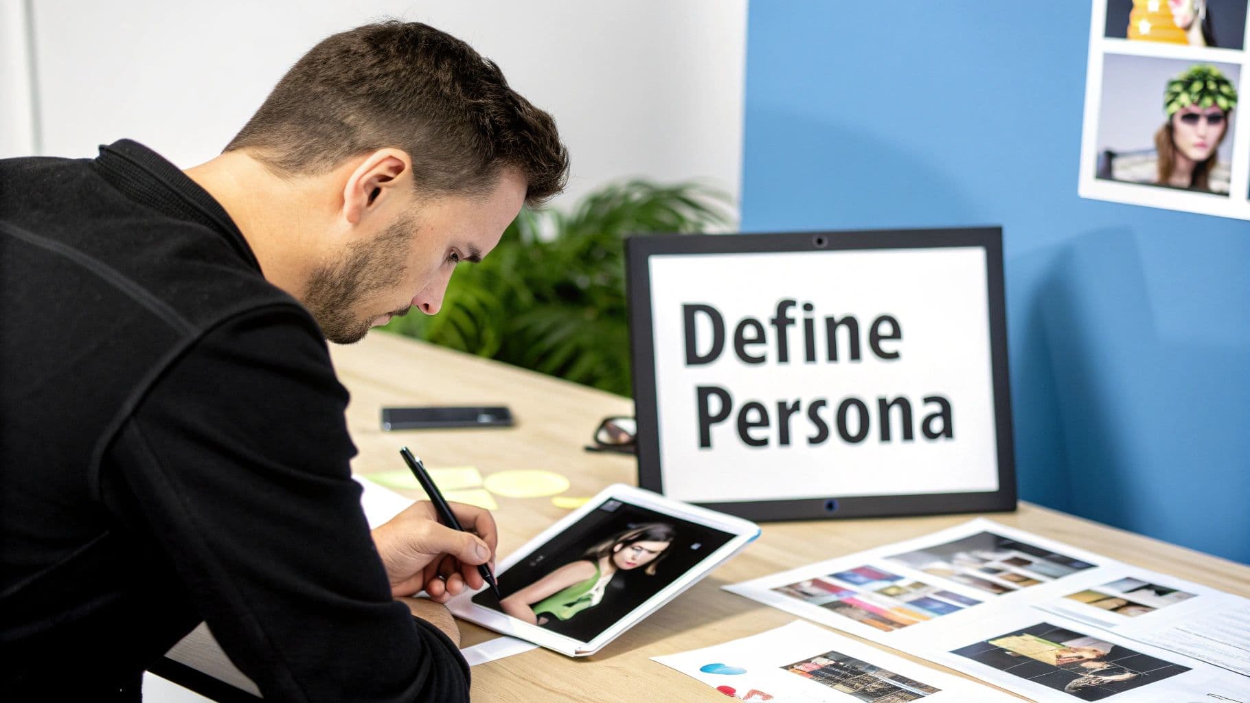 Man defining a persona using a tablet, papers, and a screen that reads "Define Persona".
