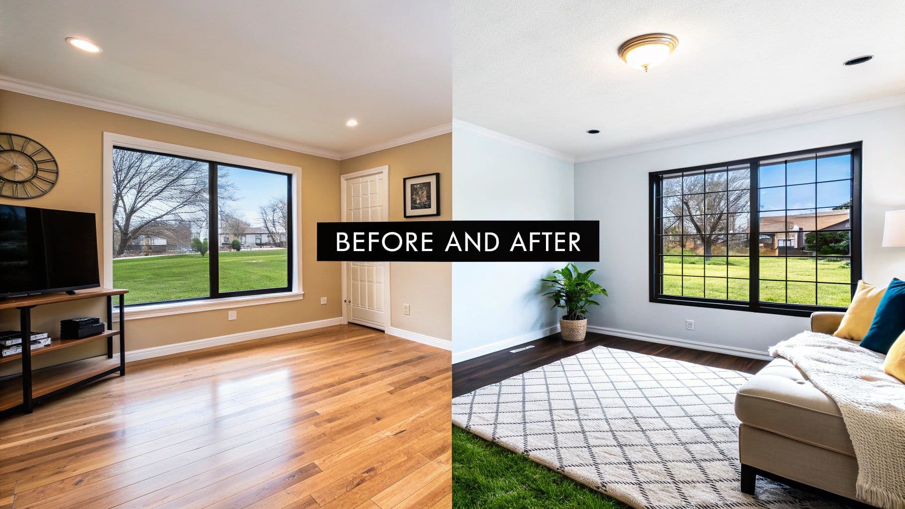 Before and after image of a living room transformation featuring new paint, flooring, and modern decor.