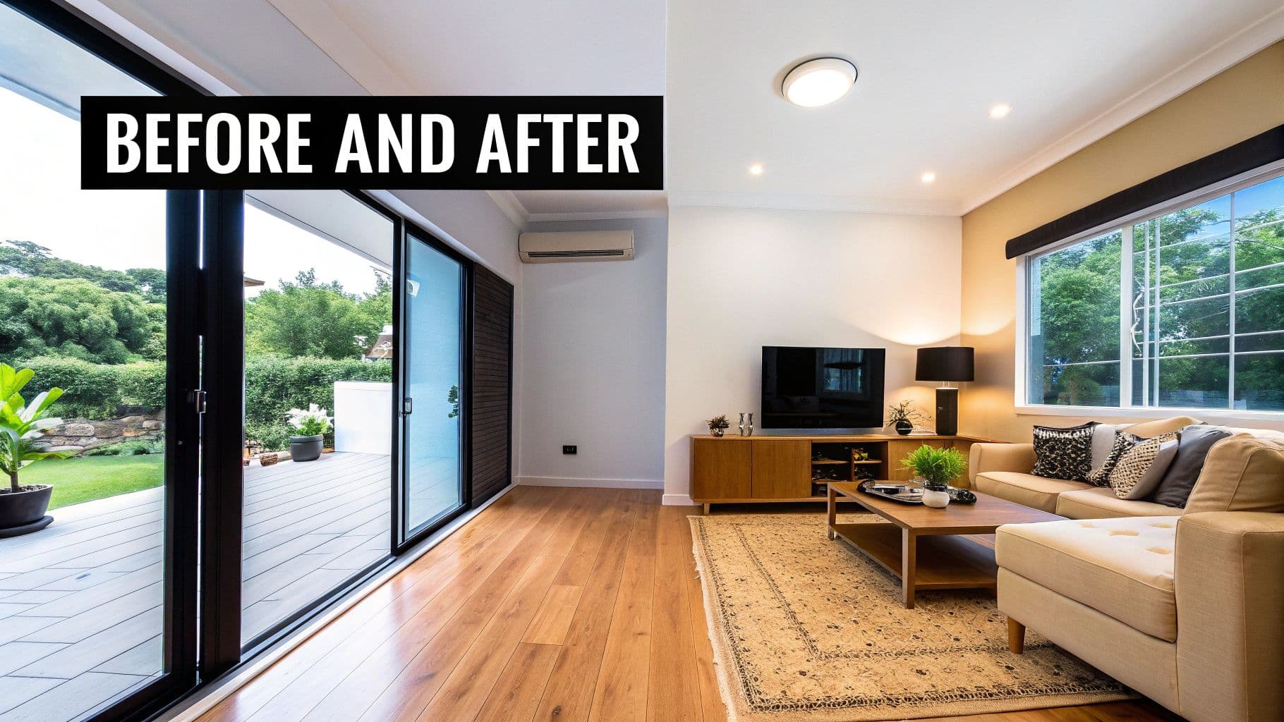 Before and after photo of a modern living room transformation with new furniture and decor.