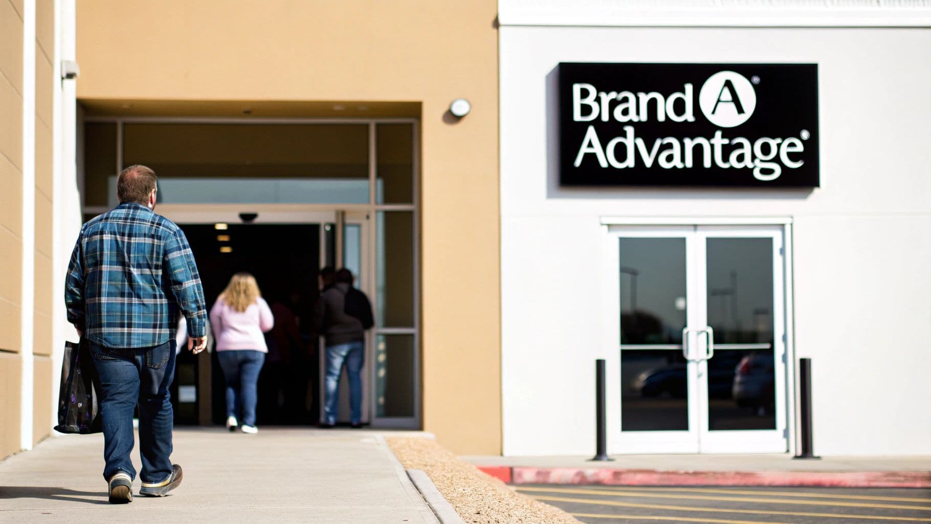 A man walks towards a store entrance with a "Brand A Advantage" sign, other shoppers visible.