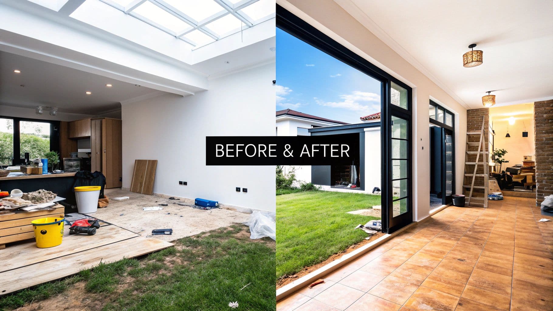 Before and after view of a modern house renovation with new flooring, large windows, and a green garden.