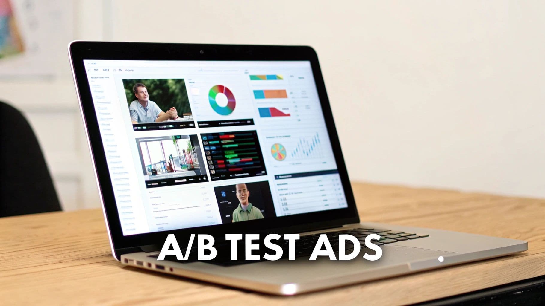 A laptop displays an A/B testing dashboard with charts, graphs, and video ads, on a wooden desk.