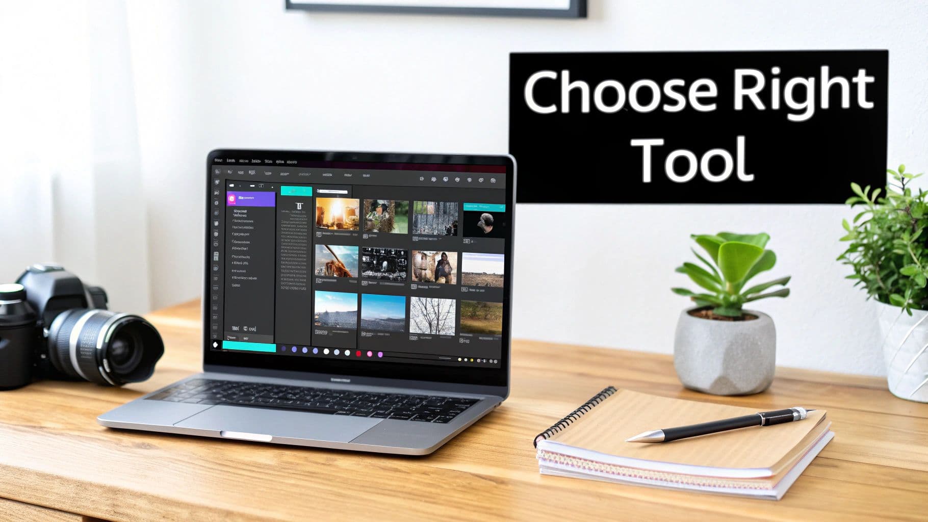 A laptop displays video editing software on a wooden desk with a camera, notebook, plants, and a 'Choose Right Tool' sign.