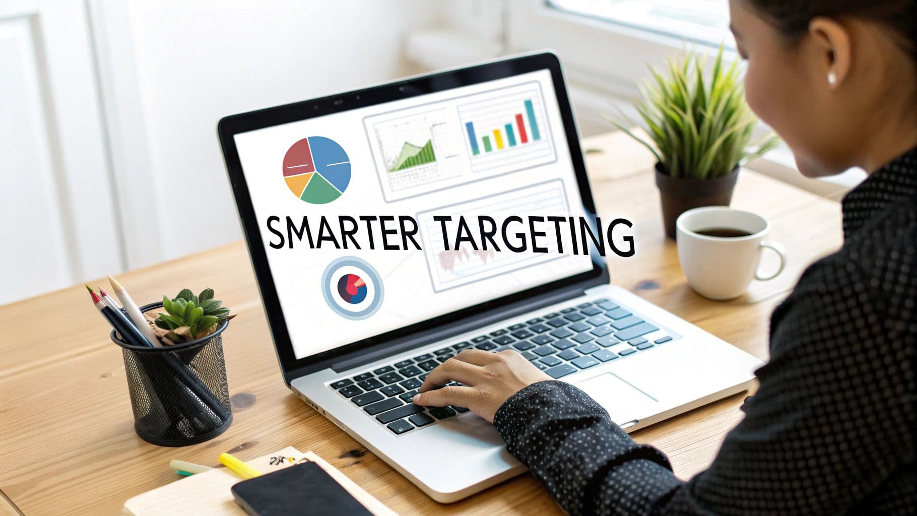 A professional working on a laptop displaying data visualizations and "Smarter Targeting" text.